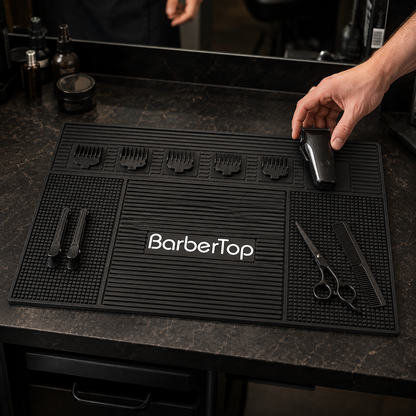 Barber placing a switched-off clipper on the BarberTop magnetic tool mat