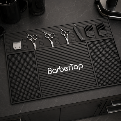 BarberTop magnetic mat sections holding scissors, guards and clipper blade