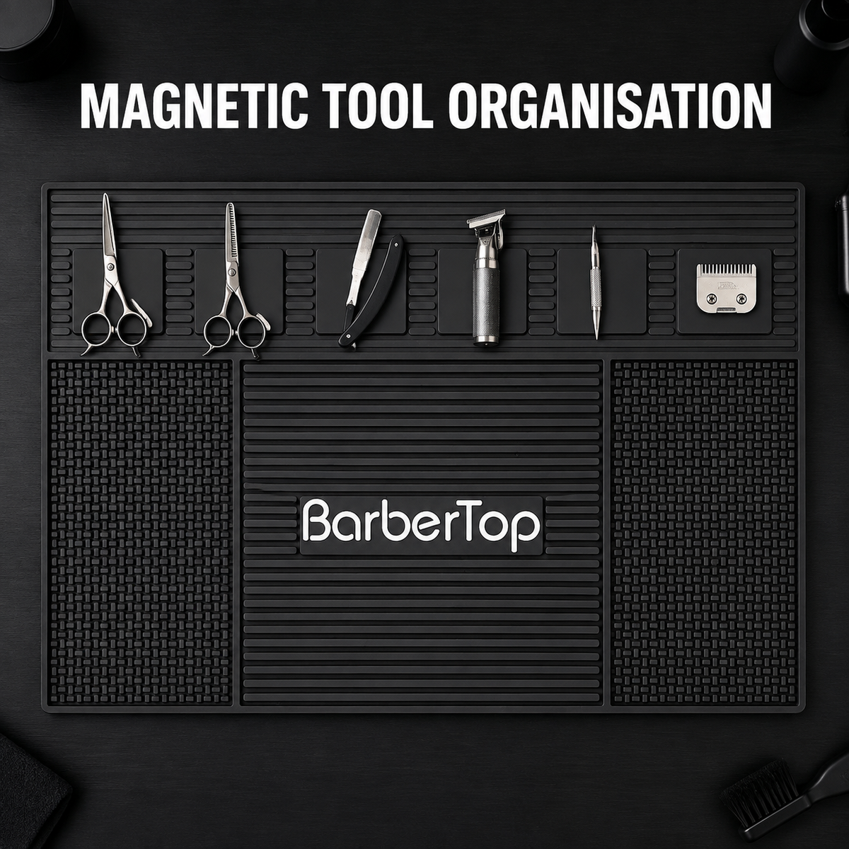 BarberTop magnetic mat holding scissors, clipper and metal barber tools