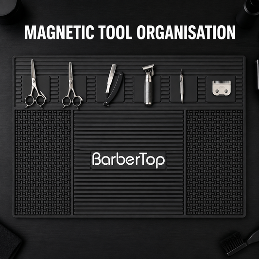 BarberTop magnetic mat holding scissors, clipper and metal barber tools