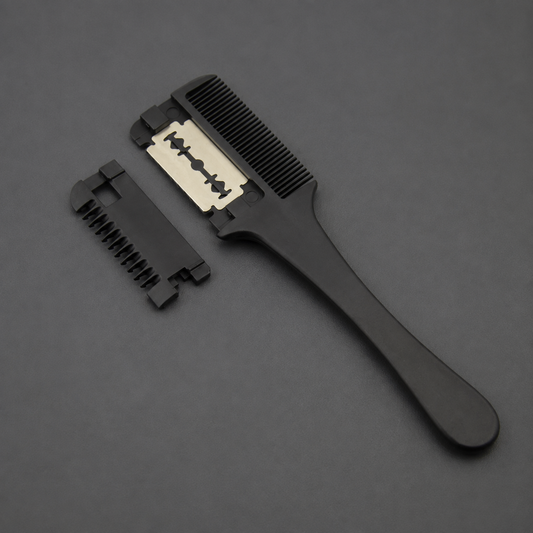 Black Barbertop razor comb with exposed blade and removable toothed cover