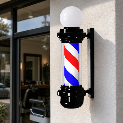 Black Barber Pole with Globe – Red, White & Blue installed on a modern barbershop exterior