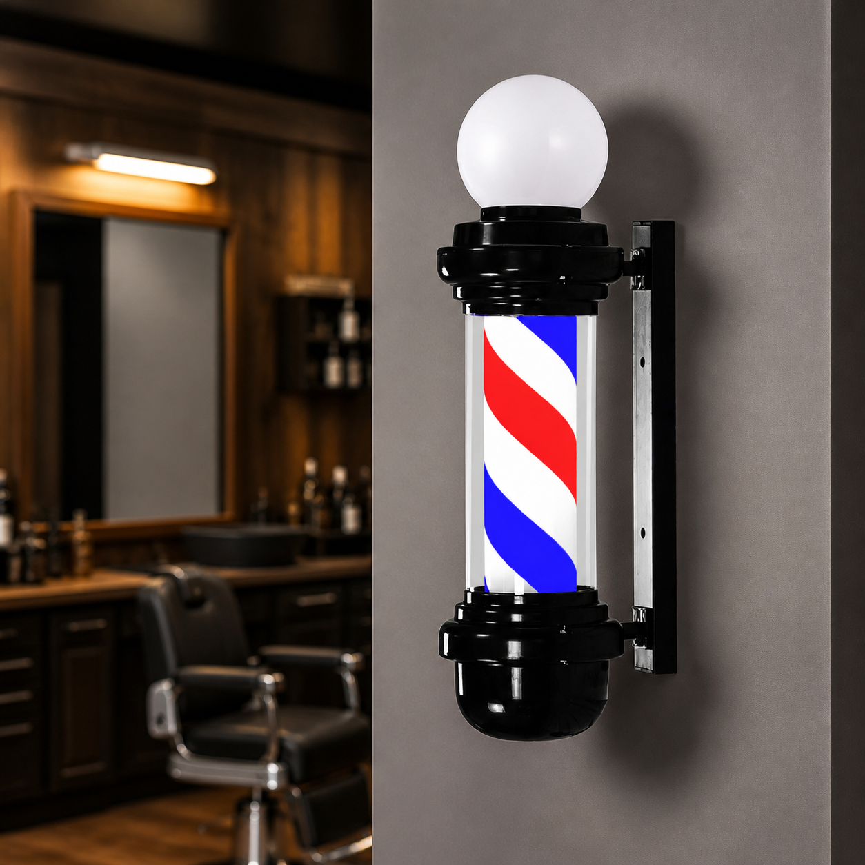 Black Barber Pole with Globe – Red, White & Blue displayed inside a premium barbershop