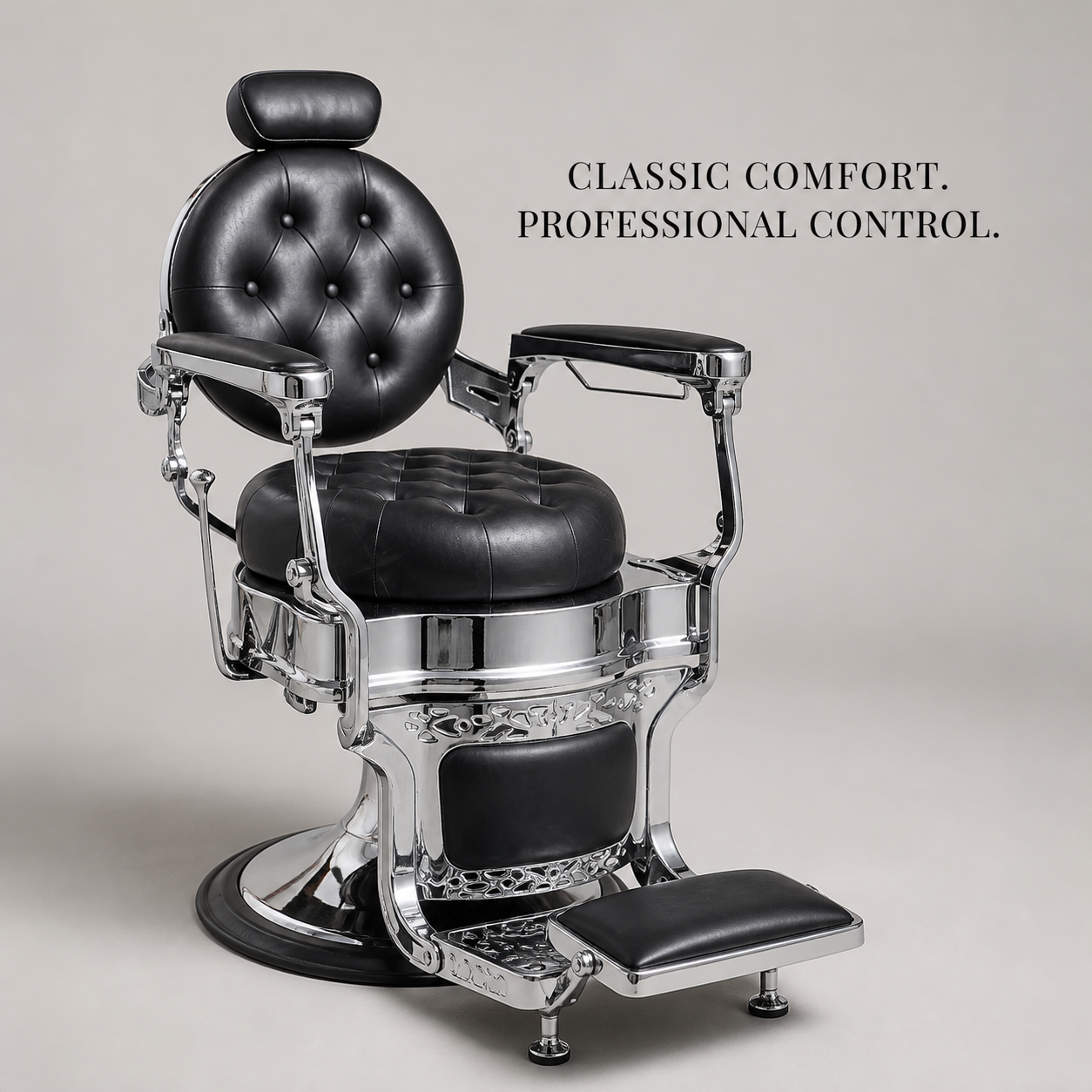 Black tufted chrome barber chair complete studio view
