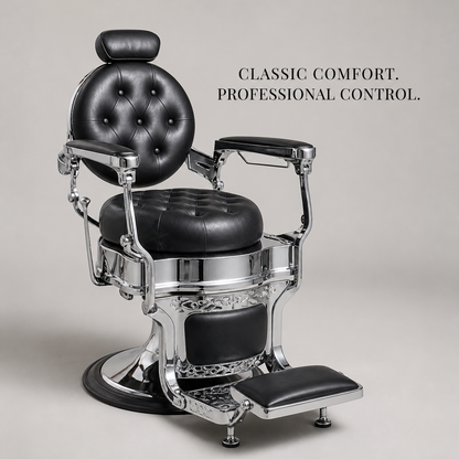 Black tufted chrome barber chair complete studio view