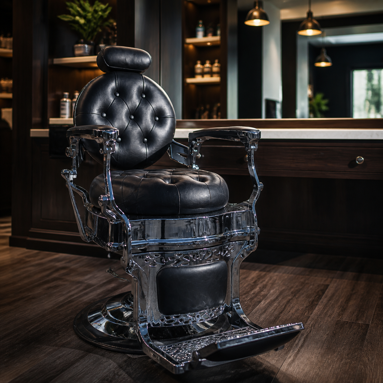 Black chrome barber chair in a premium barbershop station