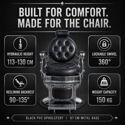 Black chrome barber chair height, swivel, recline and weight specifications