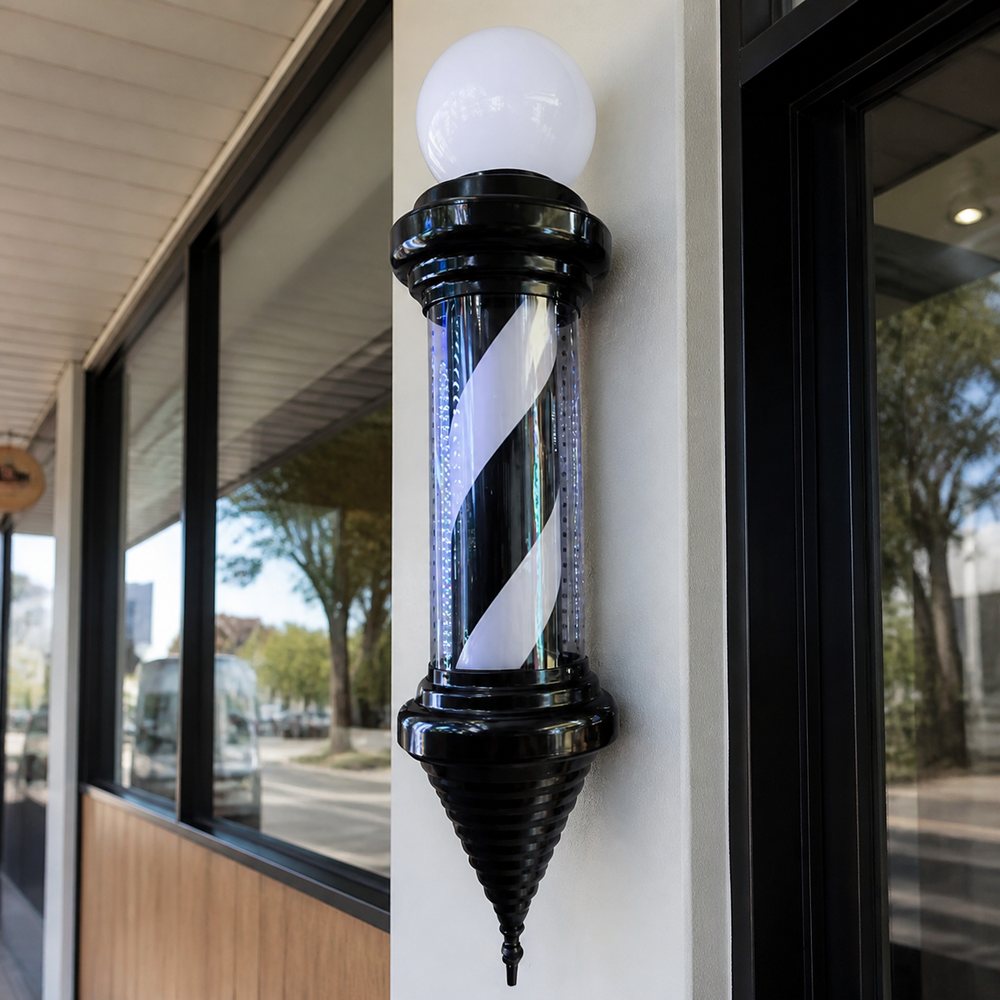 Black Cone Barber Pole with Globe – 19cm Wide installed on a modern barbershop exterior