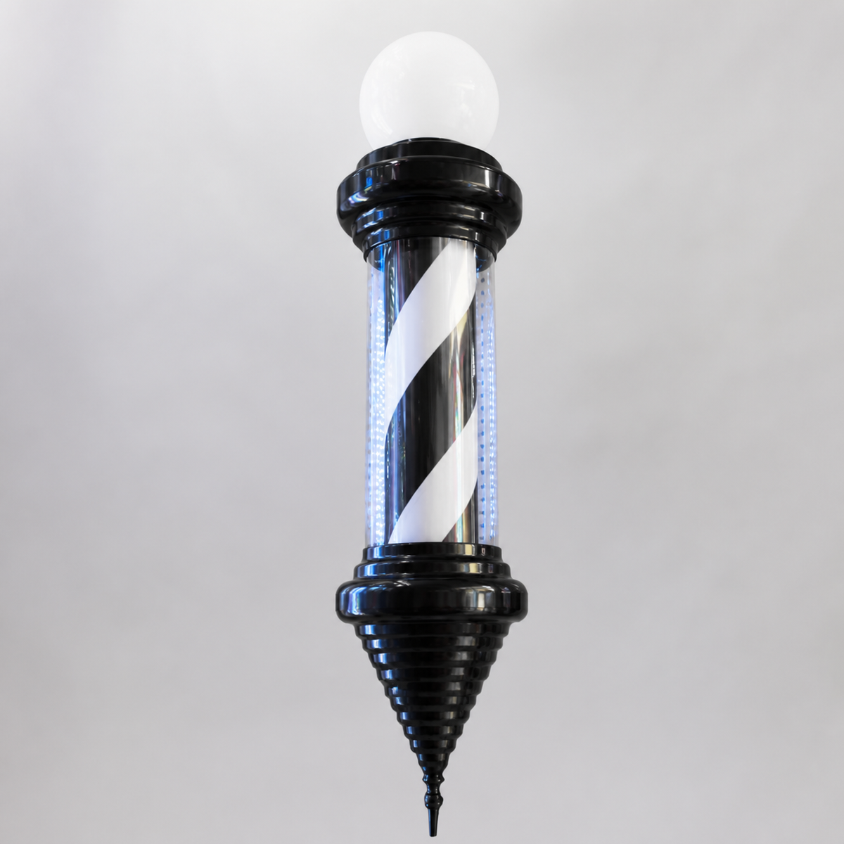 Black Cone Barber Pole with Globe – 19cm Wide housing and striped cylinder detail