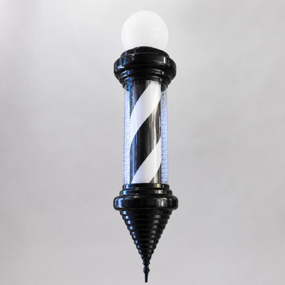 Black Cone Barber Pole with Globe – 19cm Wide housing and striped cylinder detail