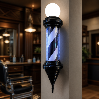 Black Cone Barber Pole with Globe – 19cm Wide displayed inside a premium barbershop