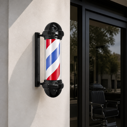 Black Rotating Barber Pole Light – 75 x 23cm installed on a modern barbershop exterior