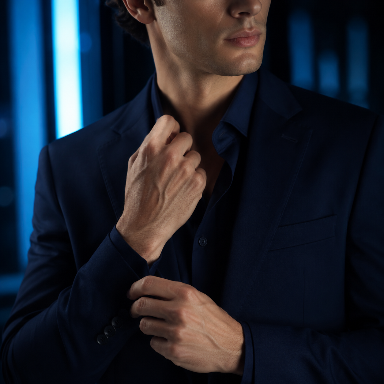 Refined navy evening styling for Bleu de Chanel Eau de Parfum