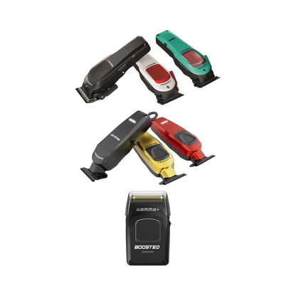 Boosted Gamma Grooming Kit featuring various trimmers and clippers in different colors for versatile grooming.