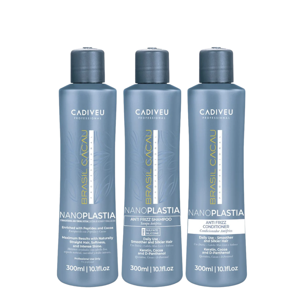 Brasil Cacau NanoPLASTIA Treatment, Anti-Frizz Shampoo and Conditioner in blue packaging