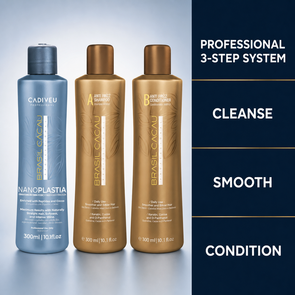 Brasil Cacau NanoPLASTIA professional three-step system: cleanse, smooth and condition