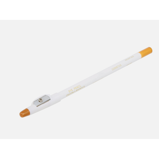 White cosmetic eye pencil with orange tip and attached sharpener in legacy media