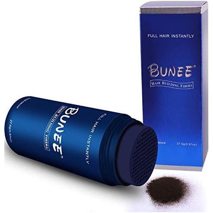 Bunee Hair Building Fibers 27.5g bottle, box and fibre sample