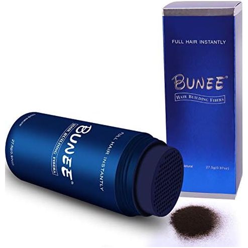 Bunee Hair Building Fibers 27.5g bottle, box and fibre sample