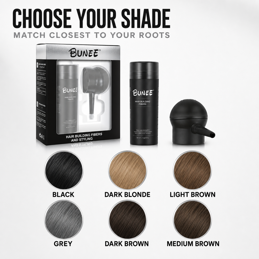 Bunee Hair Building Fibers colour guide with six available shades
