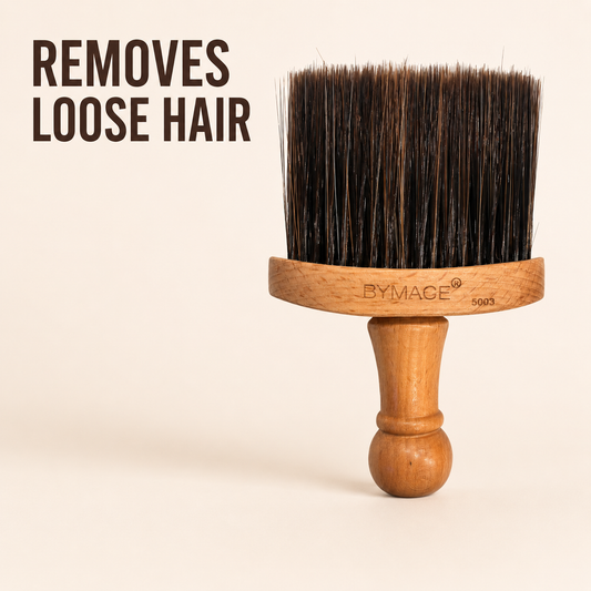 BYMACE 5003 wooden neck duster graphic highlighting loose-hair removal