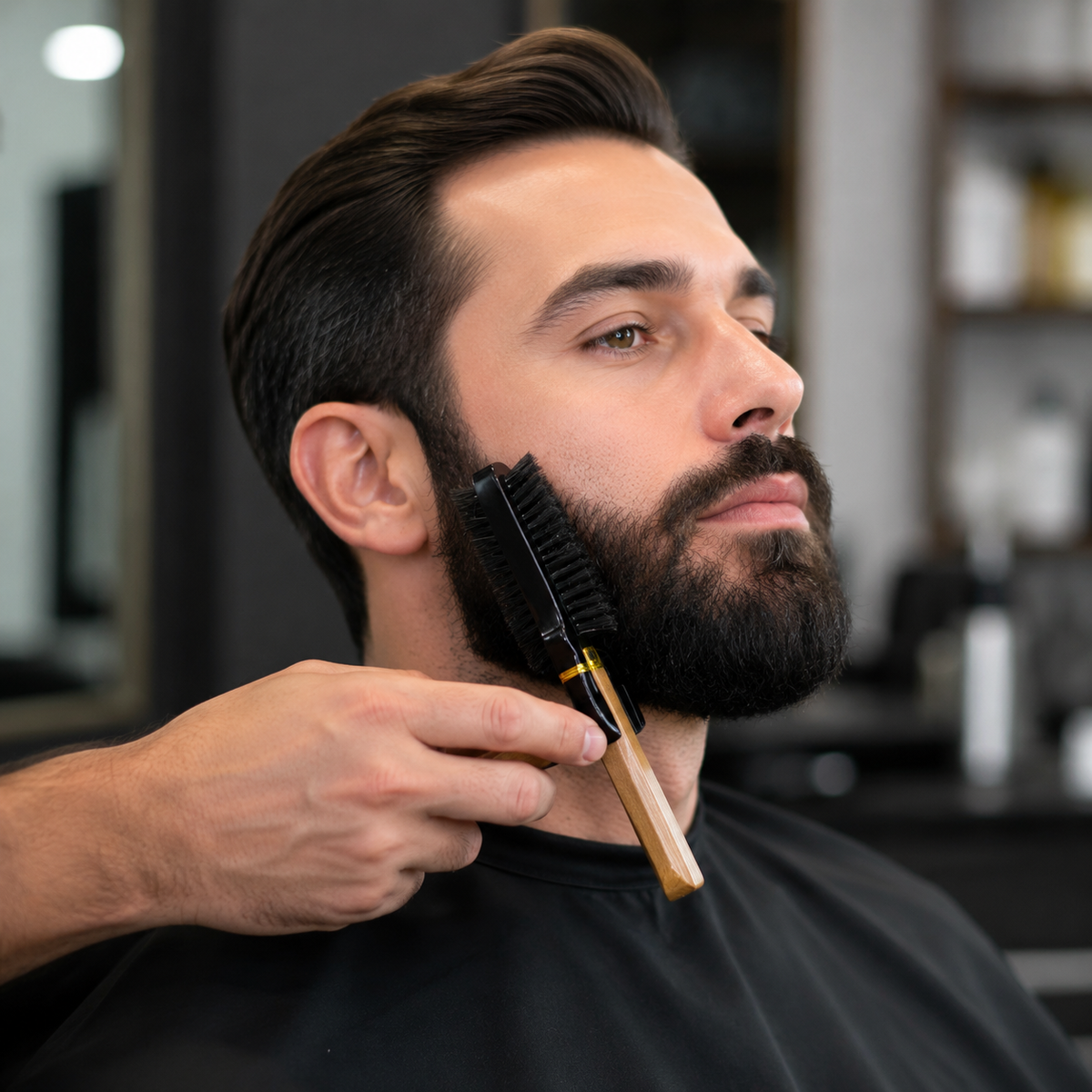 Bymace double-sided brush used gently on a dry beard