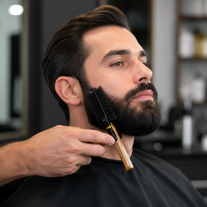 Bymace double-sided brush used gently on a dry beard