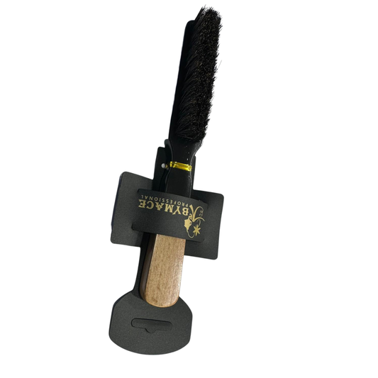 Bymace long-handle fade brush in black with wood-tone handle detail