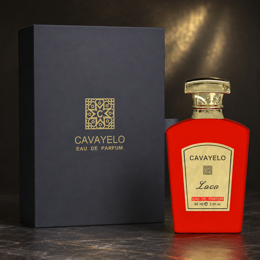 CAVAYELO Loca Eau de Parfum 60ml red bottle beside its dark presentation box