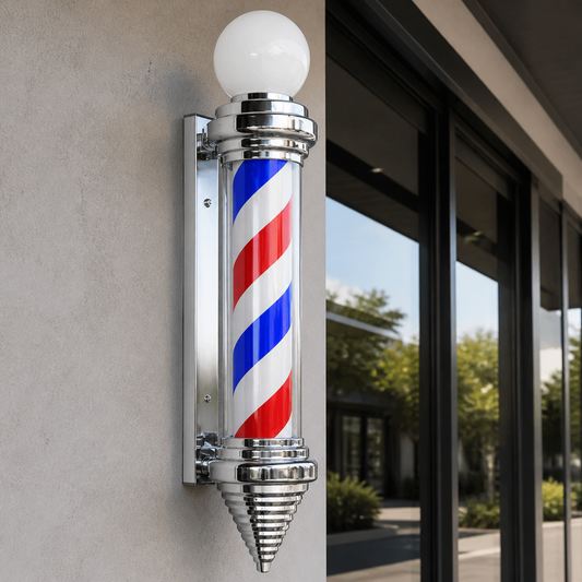 Chrome Cone Barber Pole with Globe – 19cm Wide installed on a modern barbershop exterior