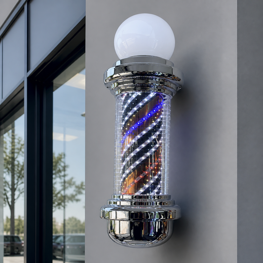 Chrome LED Barber Pole with Globe – 118 x 23cm installed on a modern barbershop exterior