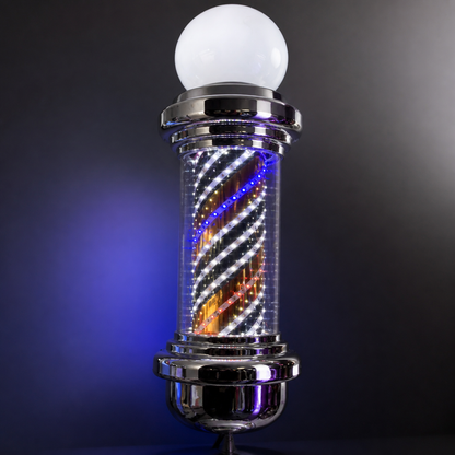 Chrome LED Barber Pole with Globe – 118 x 23cm housing and striped cylinder detail