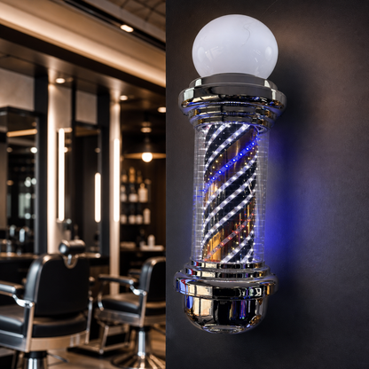 Chrome LED Barber Pole with Globe – 118 x 23cm displayed inside a premium barbershop