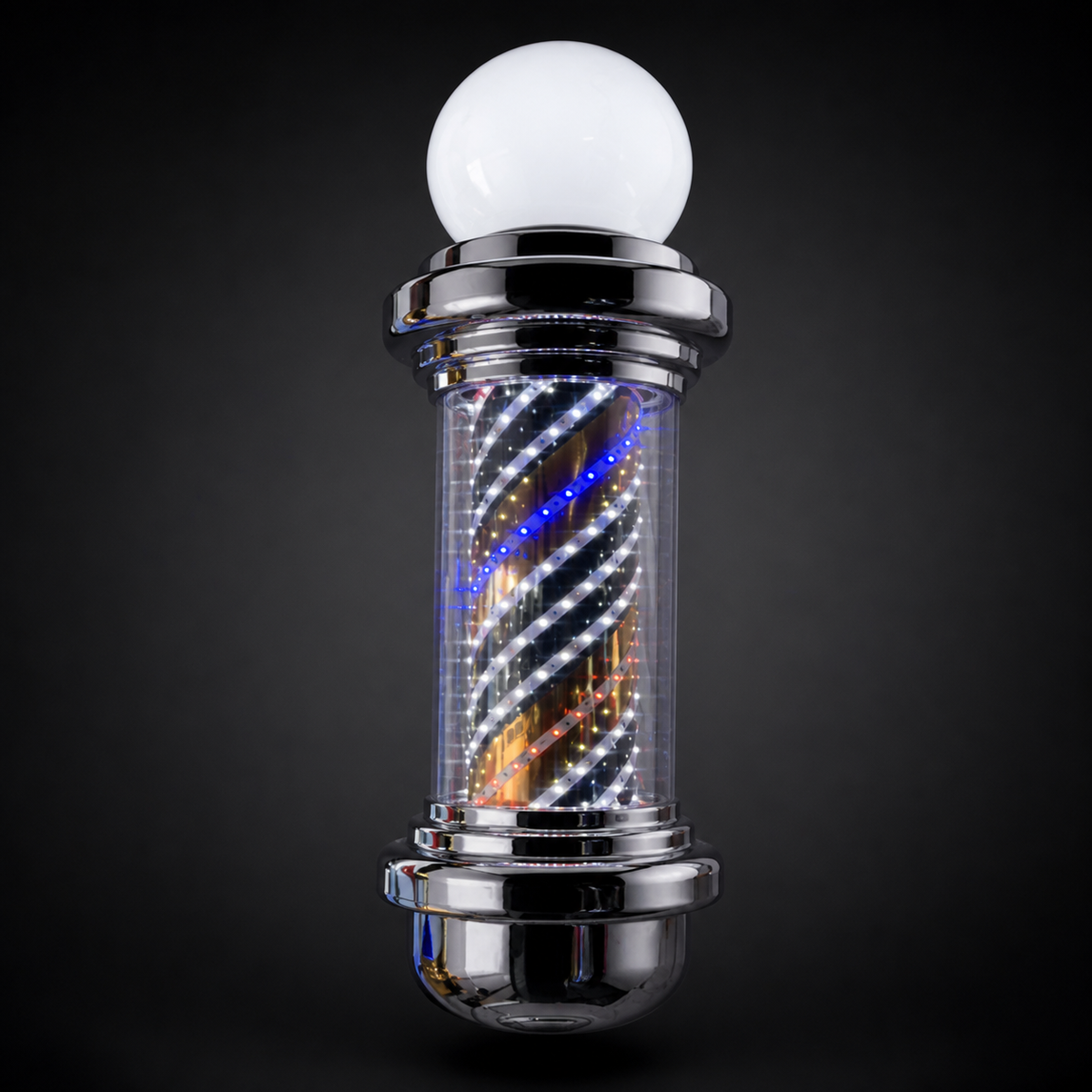 Chrome LED Barber Pole with Globe – 88 x 23cm housing and striped cylinder detail