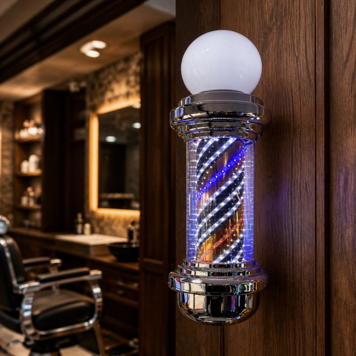 Chrome LED Barber Pole with Globe – 88 x 23cm displayed inside a premium barbershop