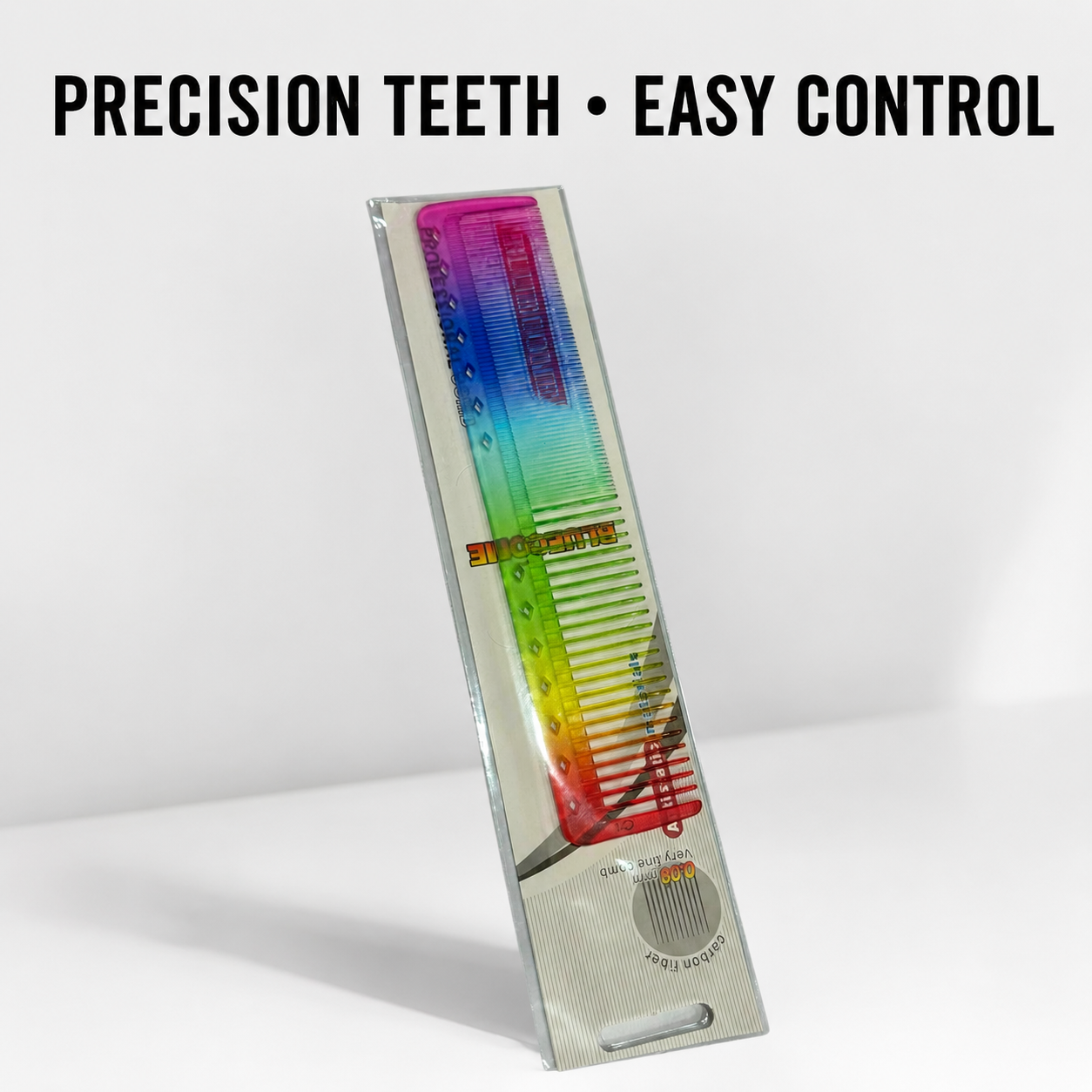 Colourful rainbow precision comb with fine and wide teeth for easy styling control