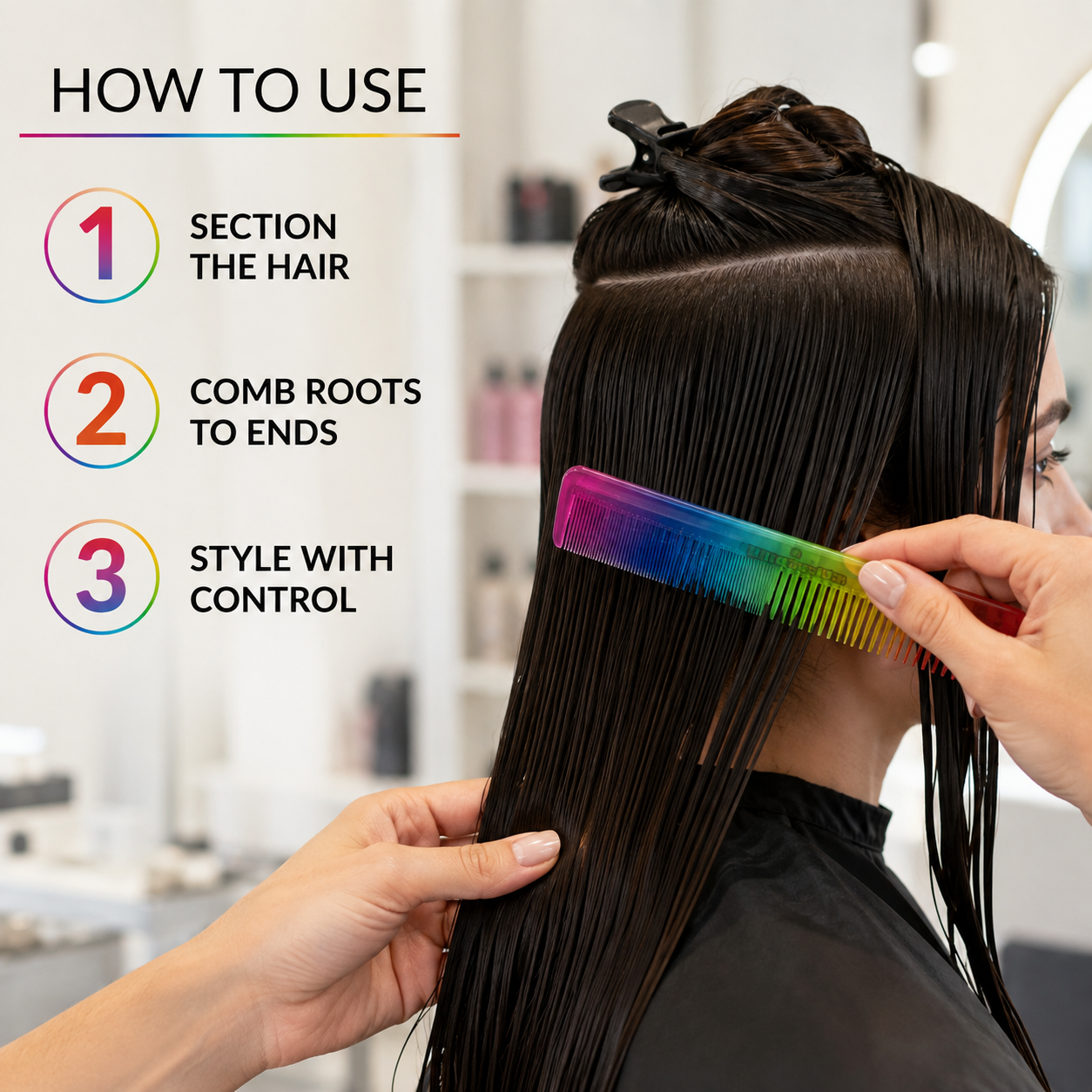 How to section and comb hair from roots to ends with the Colourful Comb