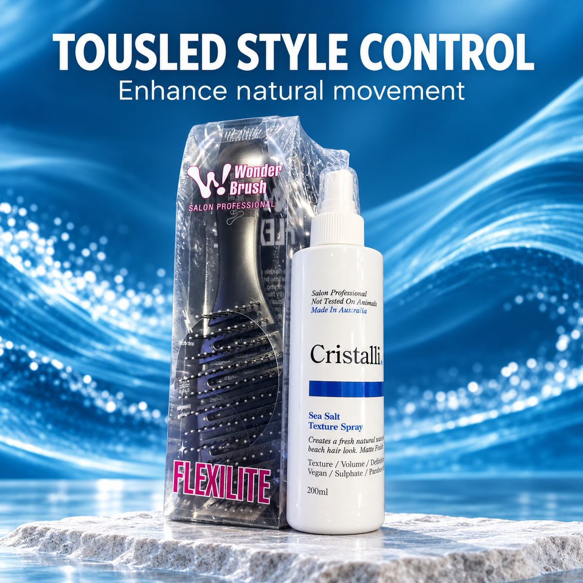 Cristalli Sea Salt Texture Sray 200ml with Bonus Wonder Flexilite Brush benefit image 2