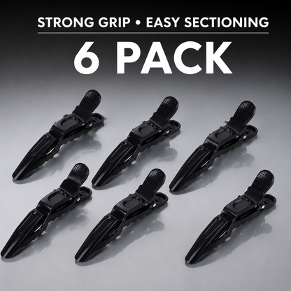 Six black crocodile hair clips with strong grip for easy sectioning