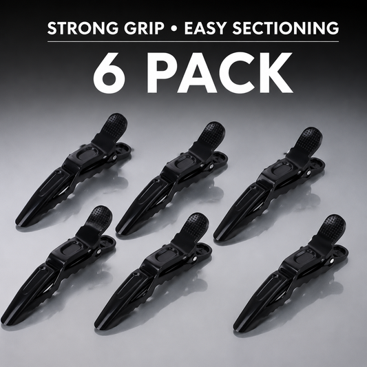 Six black crocodile hair clips with strong grip for easy sectioning