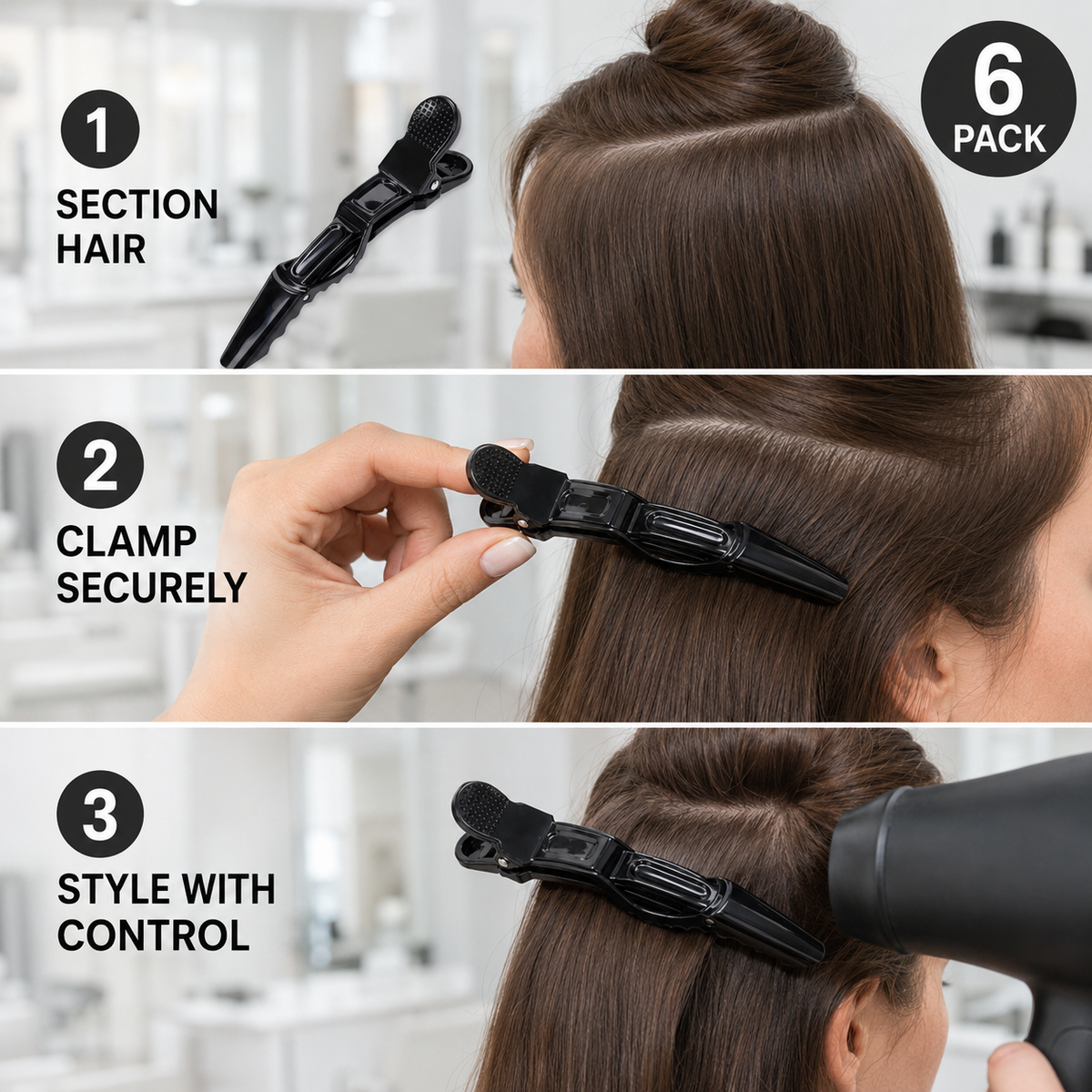 How to section clamp and style hair with a black crocodile hair clip
