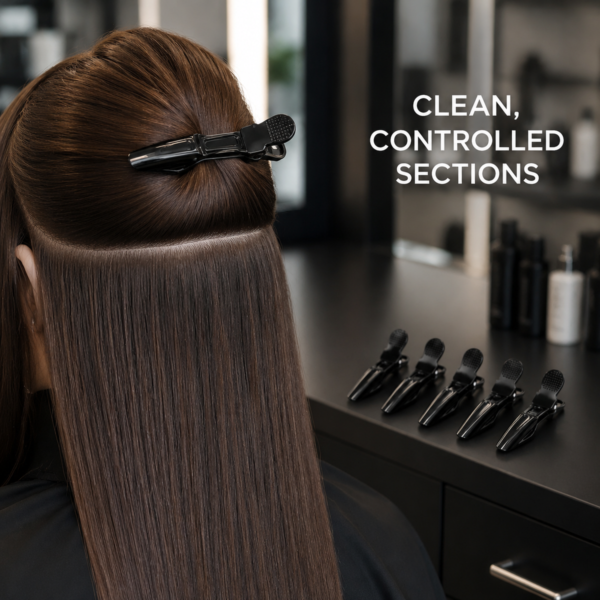 Clean controlled hair sections using black crocodile hair clips