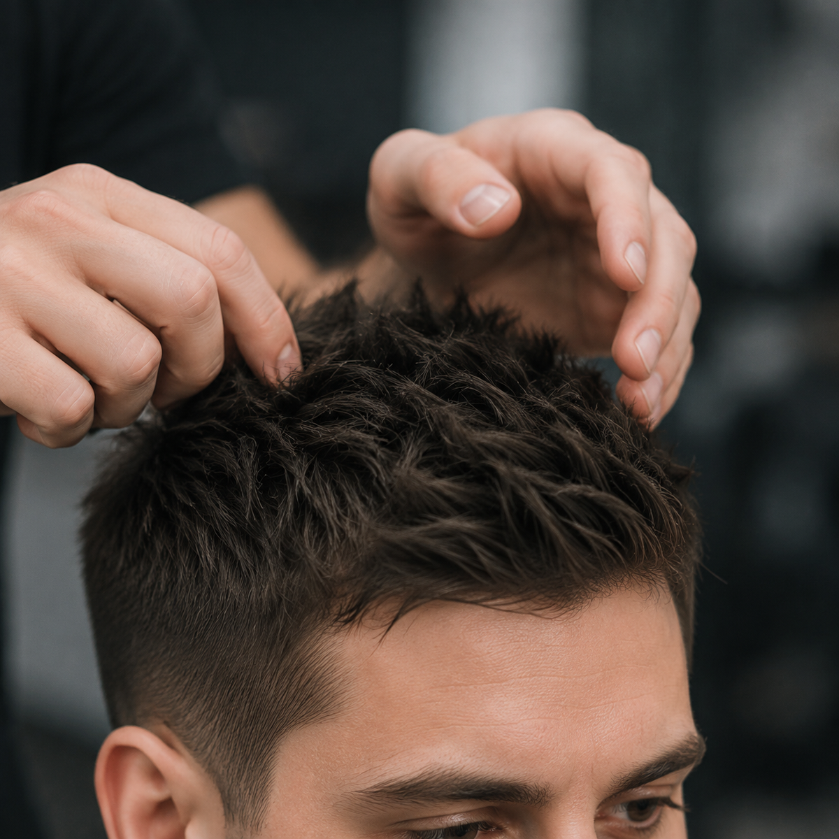 Barber shaping short dark hair with D:fi Dsculpt styling cream
