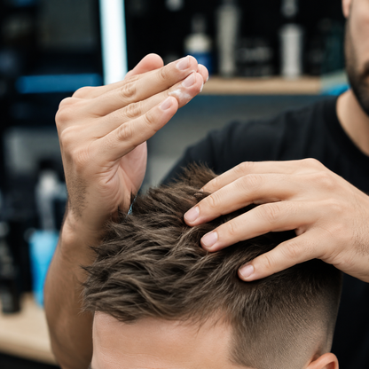Barber emulsifying D:fi Dstruct cream through short textured hair