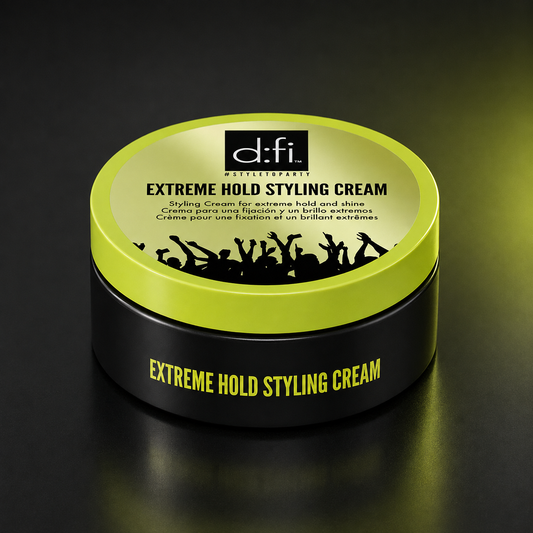 d:fi Extreme Hold Styling Cream 75g jar on a charcoal studio surface