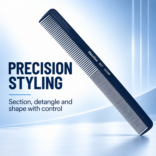 Dateline Celcon 407 blue styling comb with text: precision styling, section, detangle and shape with control