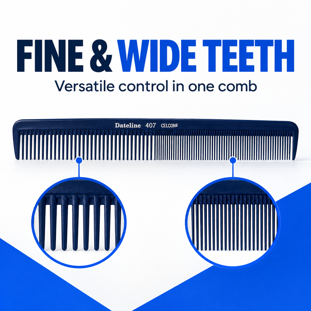 Dateline Celcon 407 comb close-ups with text: fine and wide teeth, versatile control in one comb