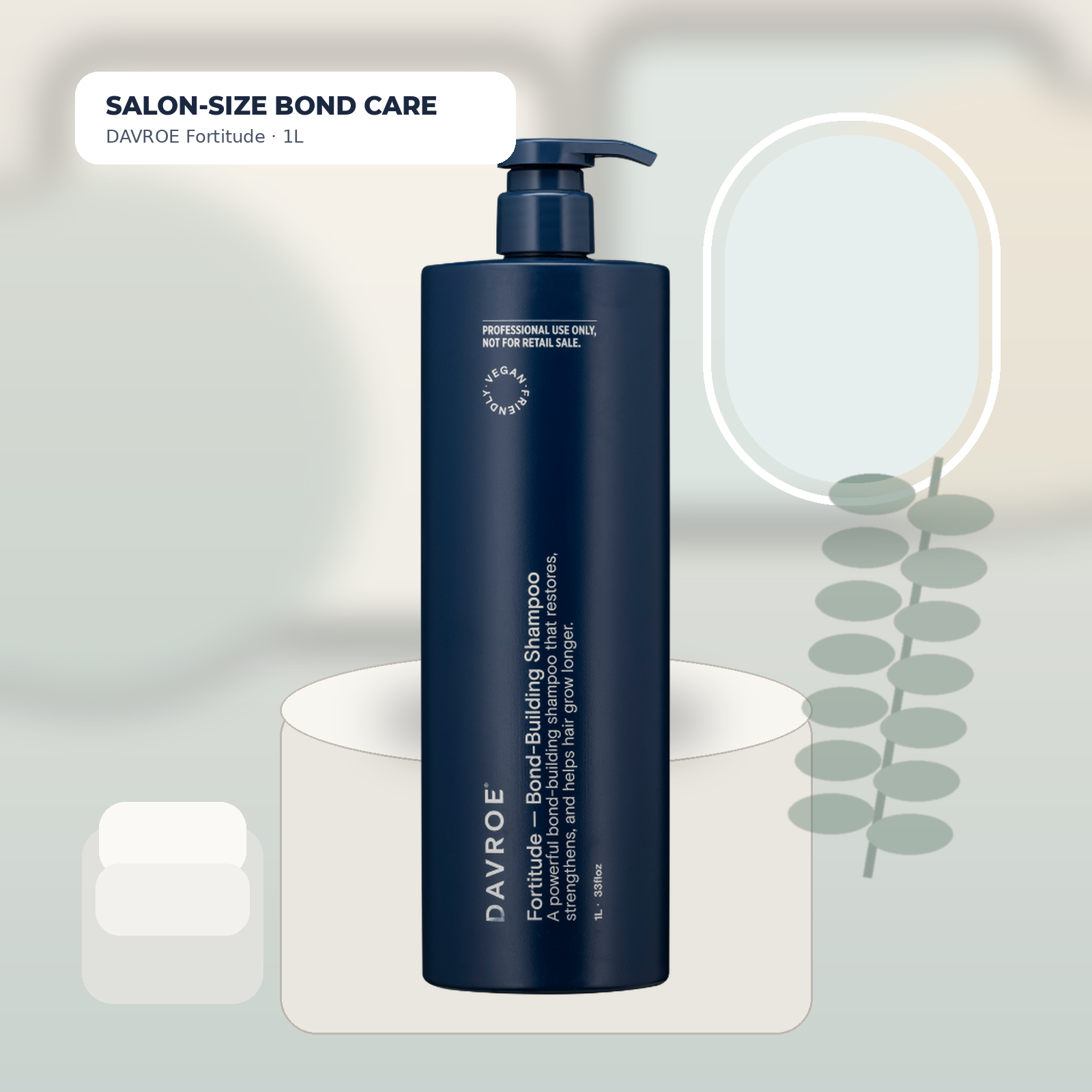 DAVROE Fortitude Bond-Building Shampoo 1L displayed in a professional salon setting
