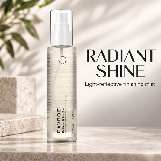 Davroe Brilliance Shine Mist with text: radiant shine, light-reflective finishing mist