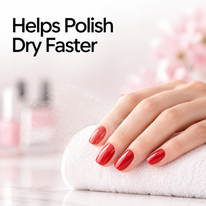 DeMert nail enamel dryer benefit graphic with red manicure and "Helps Polish Dry Faster"